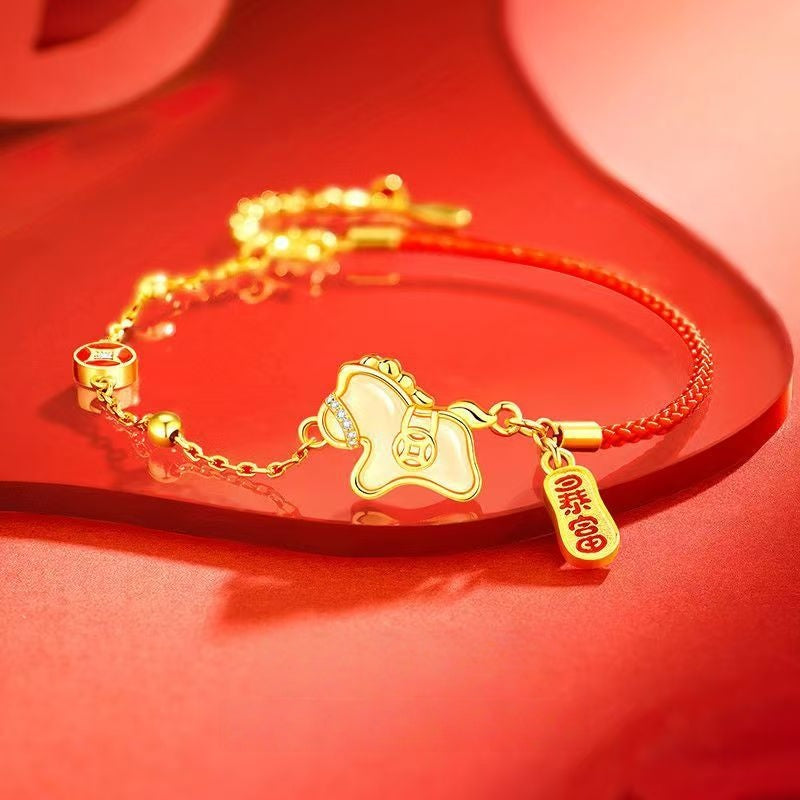 2026 Zodiac Horse Jade & Gold Bracelet –Wealth Comes Swiftly Red