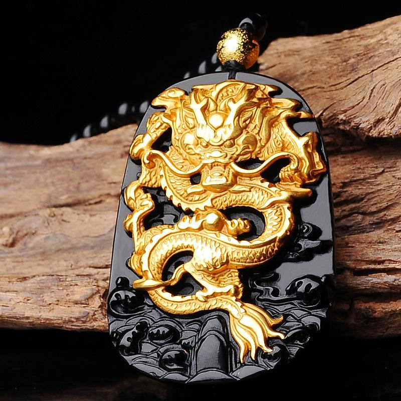 24k Gold Dragon Black Obsidian Lucky Pendant