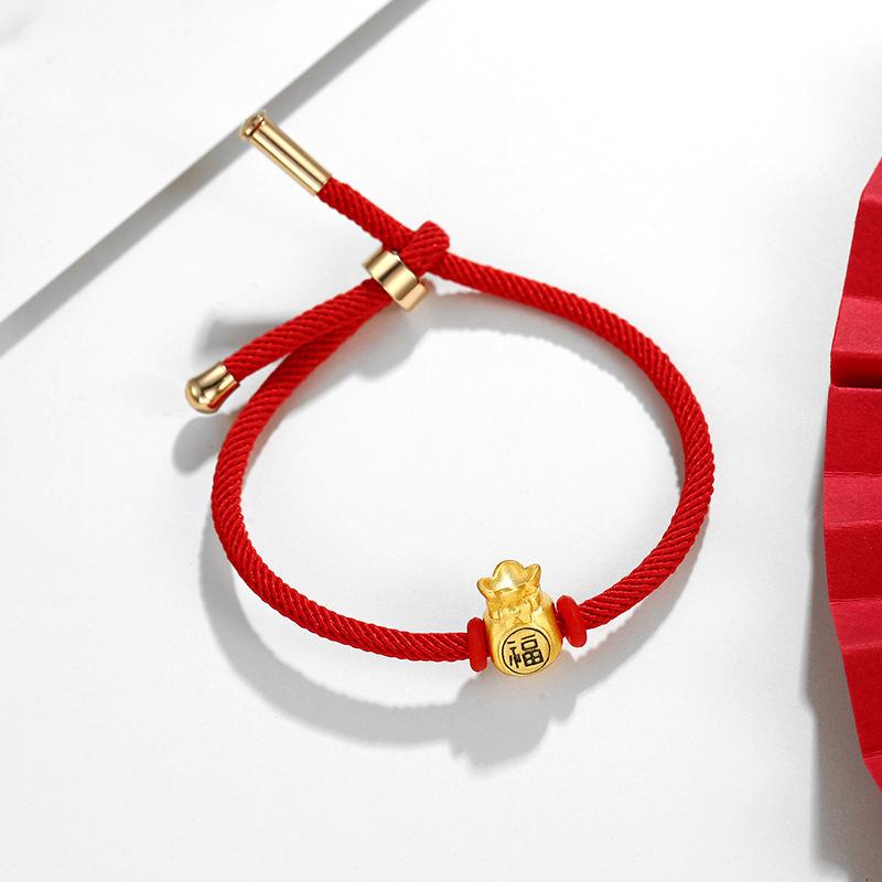  ZHOU LIU FU 24K Solid Gold Bracelet, Real Gold Fortune Bag  Charm Bracelet, Pure Gold Lucky Pocket Jewelry Red Bracelet for Women Men