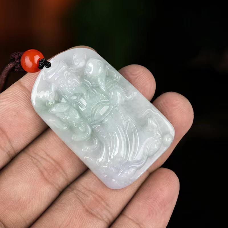 Both Side God newest of Wealth and Dragon Natural Type A Jade Jadeite Pendant Necklace, the God of prosperity bring in wealth and lucky