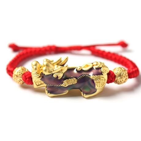 JPing.Lee 24K Yellow Gold Pixiu Bracelet - 3D Craft, Handmade Red Cord Bangle