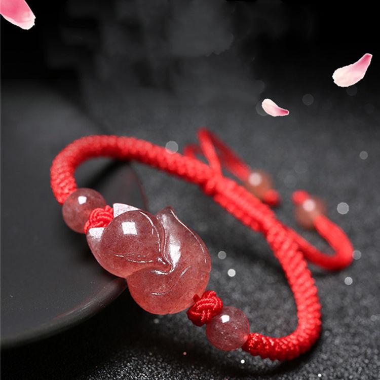 Strawberry Crystal Fox Bracelet-Red String Fengshui Bead