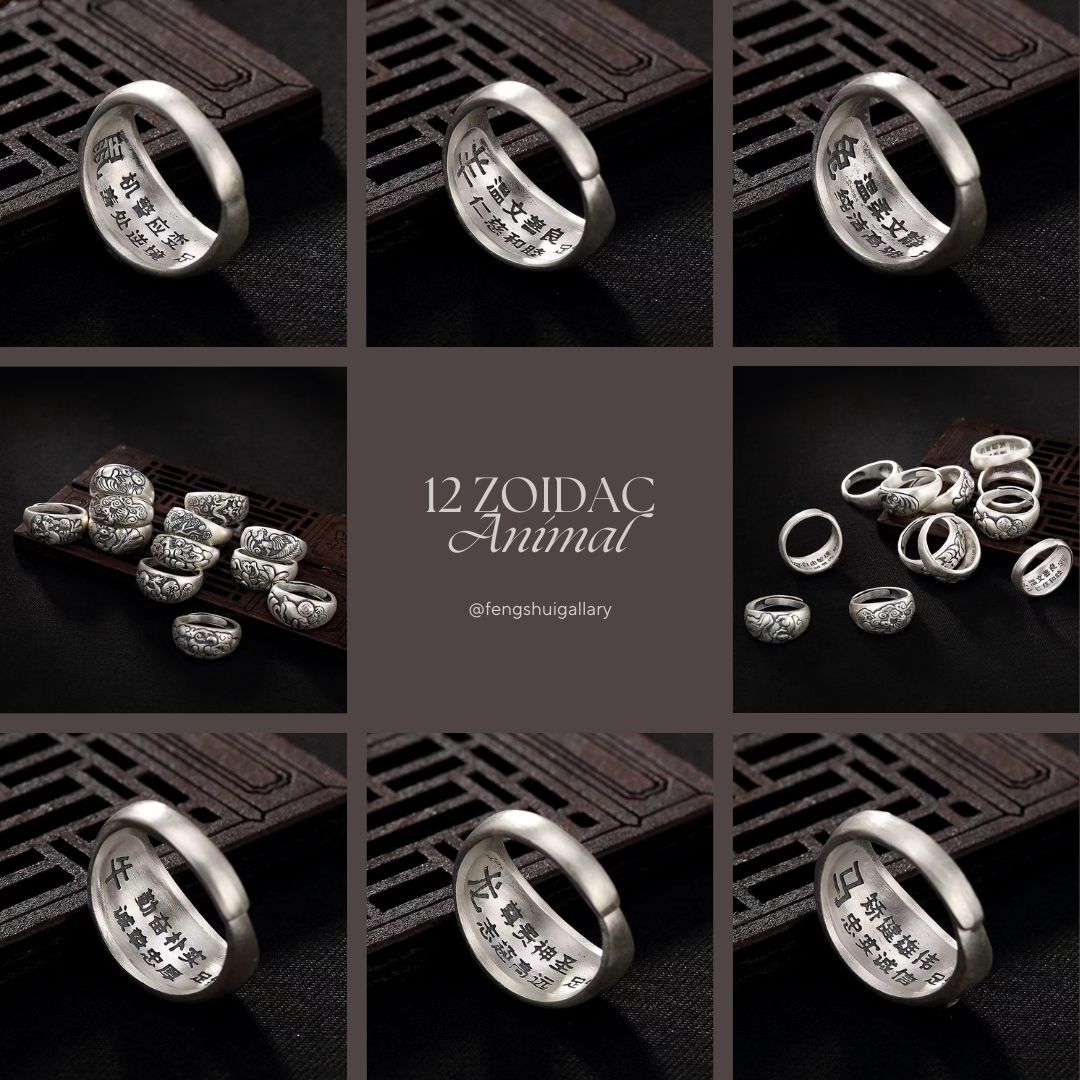 Chinese zodiac animal ring collection collage with engraved silver rings