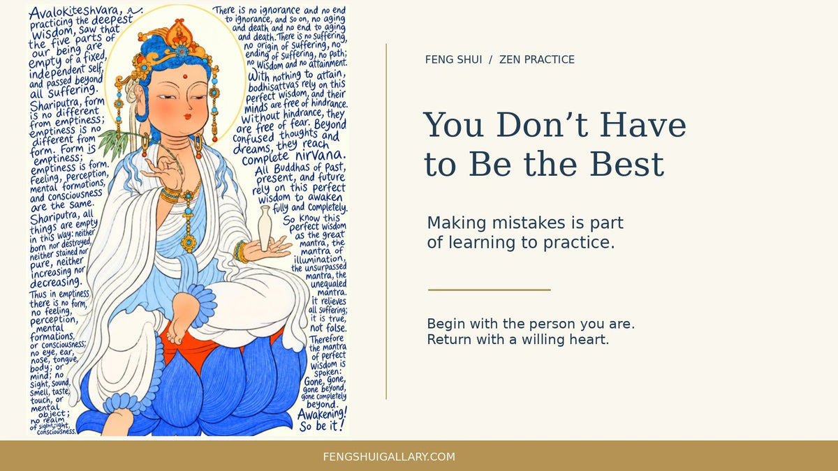 Guanyin illustration beside a Zen headline about making mistakes and beginning practice.