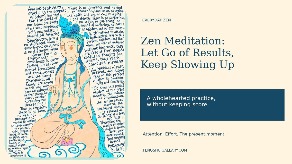 Guanyin and Heart Sutra illustration beside a headline about Zen meditation without chasing results.
