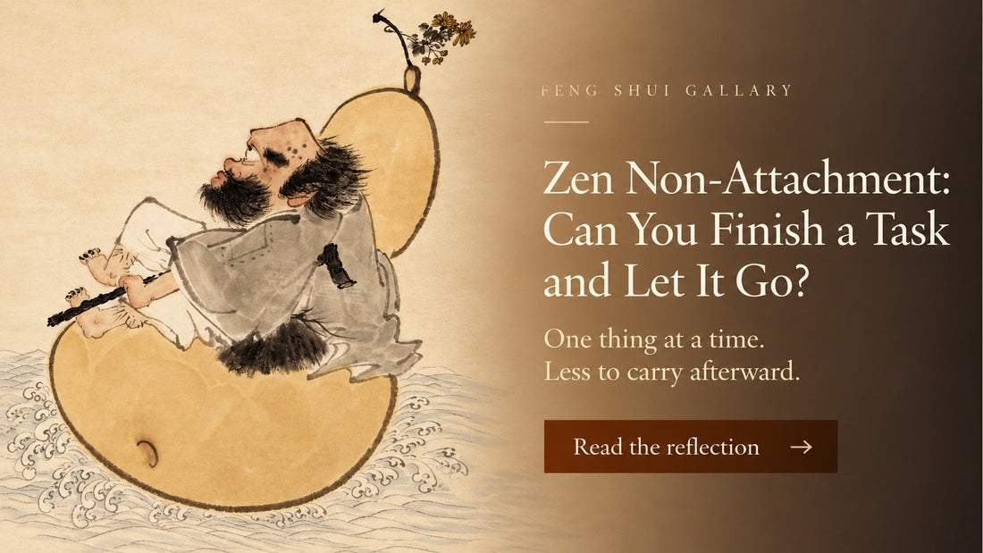 Warm ink painting of a bearded figure riding a golden gourd, beside a Zen non-attachment headline