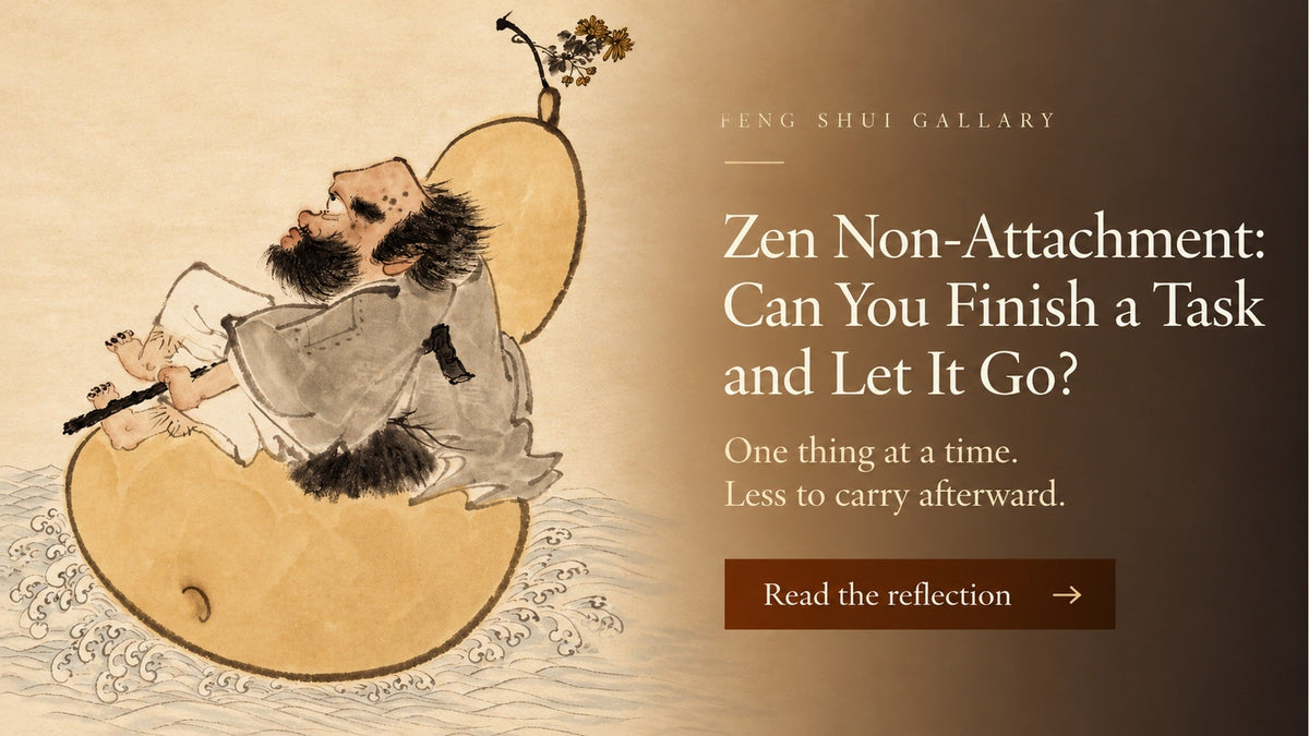Warm ink painting of a bearded figure riding a golden gourd, beside a Zen non-attachment headline