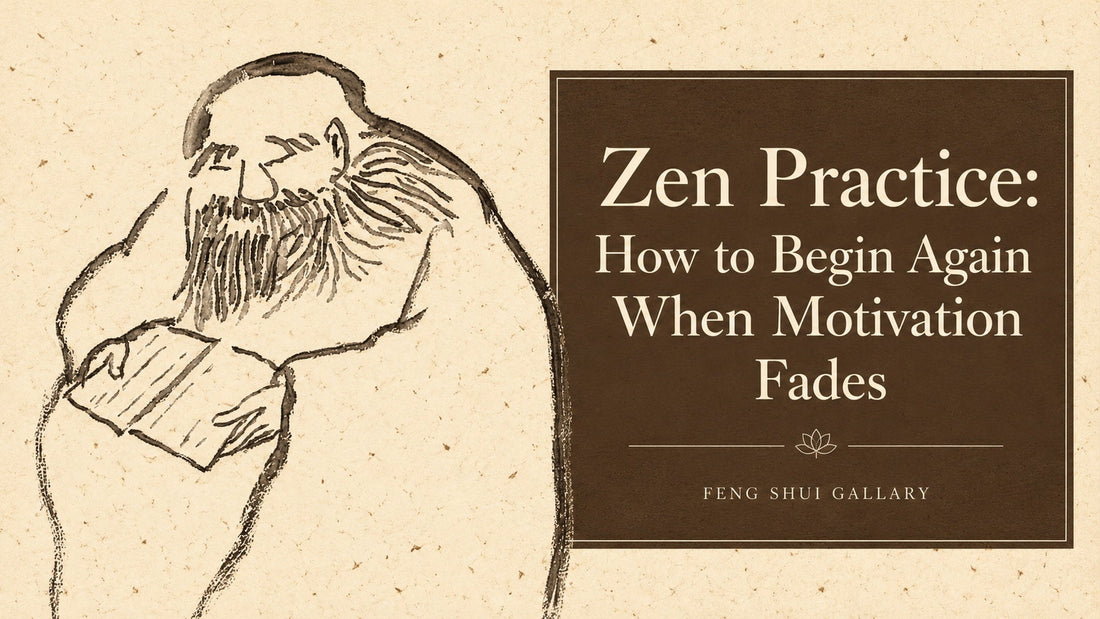 Ink scholar holding a book beside the title Zen Practice: How to Begin Again When Motivation Fades