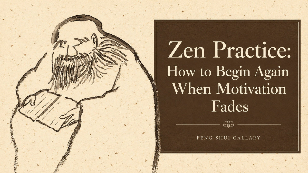 Ink scholar holding a book beside the title Zen Practice: How to Begin Again When Motivation Fades