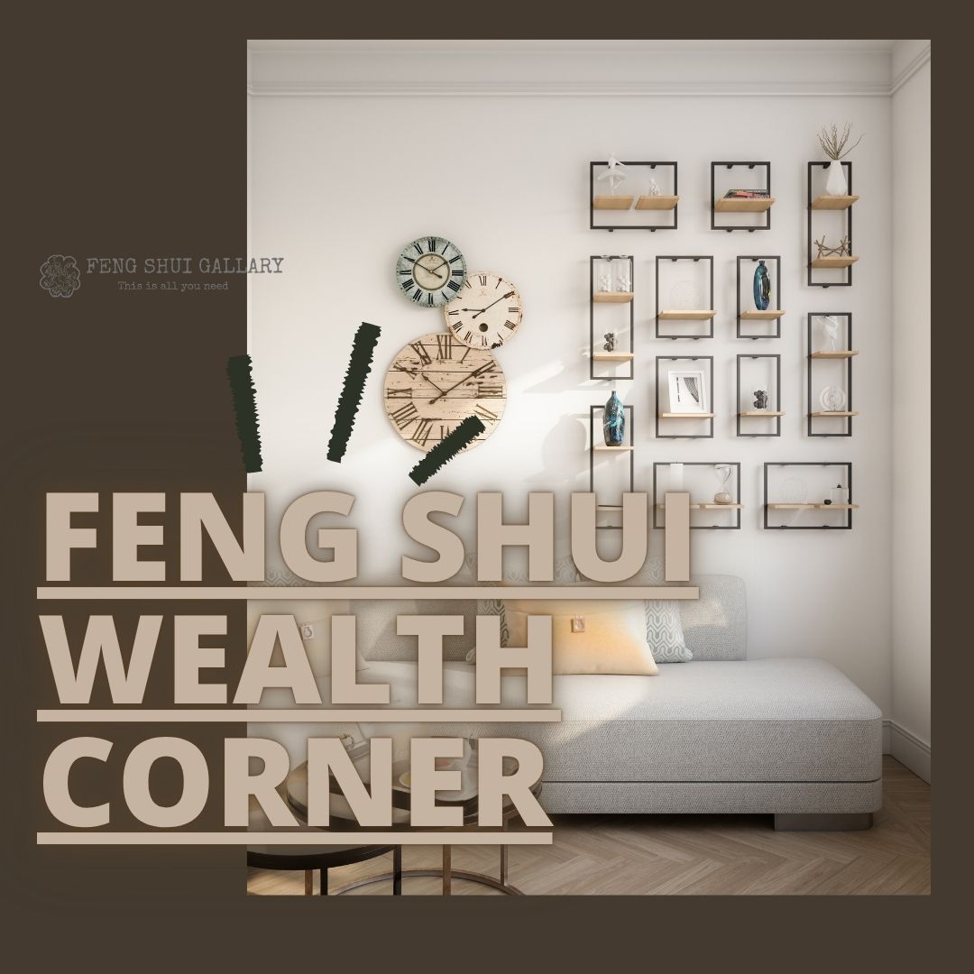 Bright living room illustrating a feng shui wealth corner with wall shelves and clocks