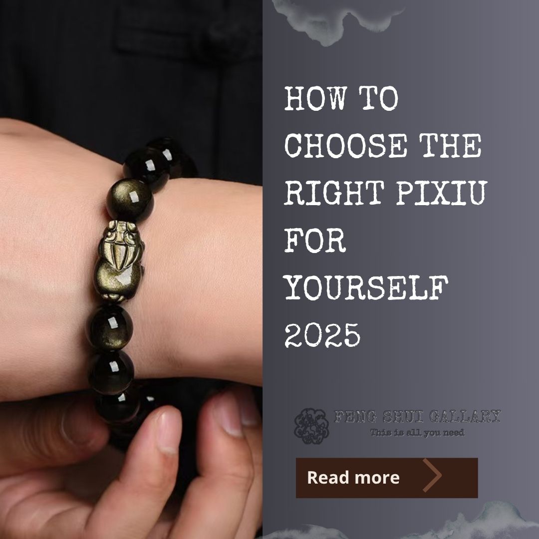 Pixiu bracelet guide featuring a gold Pixiu charm with black gemstone beads
