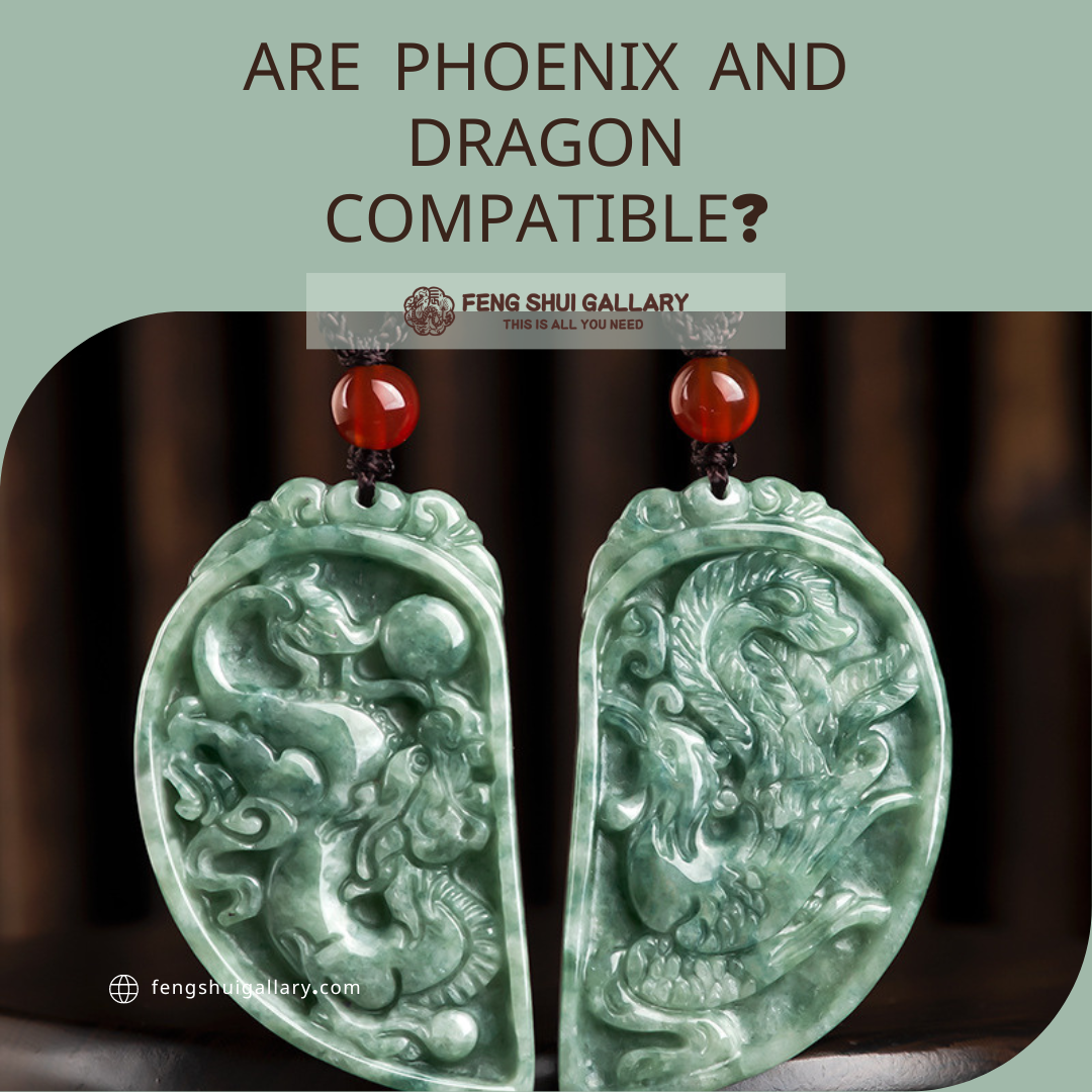 Green jade dragon and phoenix pendants symbolizing compatibility
