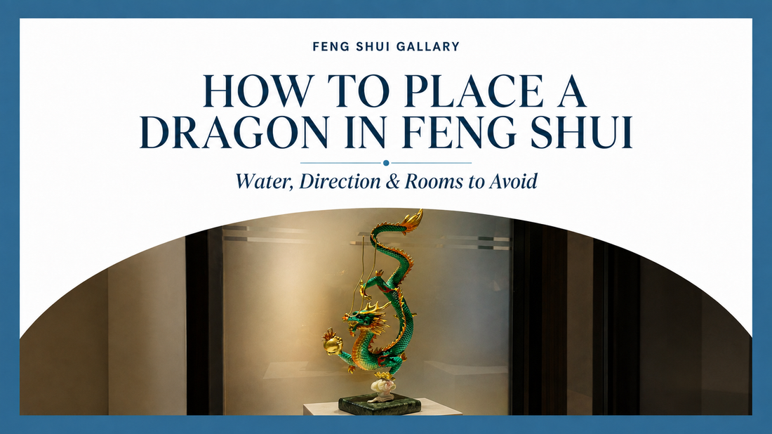 Feng Shui dragon placement guide cover featuring a green and gold dragon sculpture
