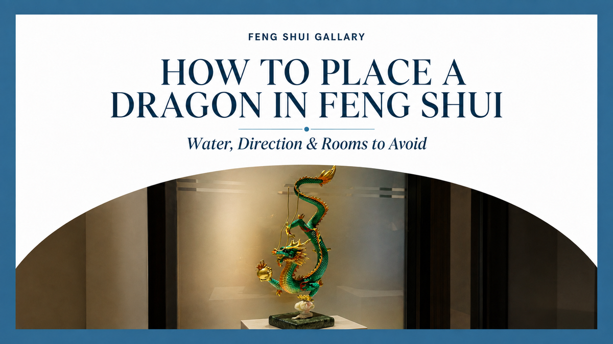 Feng Shui dragon placement guide cover featuring a green and gold dragon sculpture