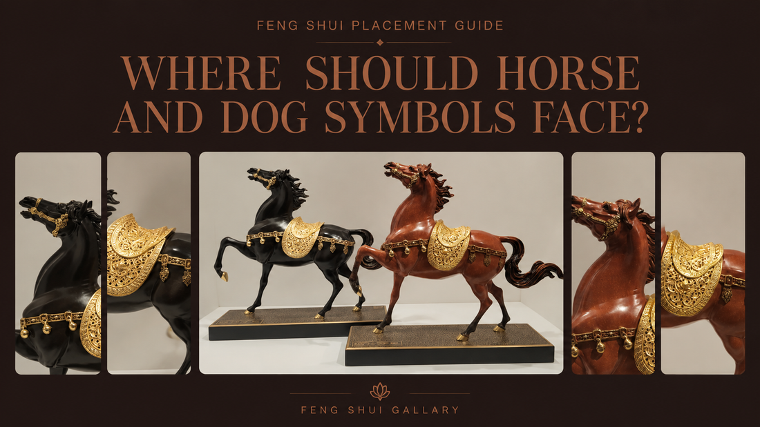 Two horse statues with Feng Shui horse and dog placement guide