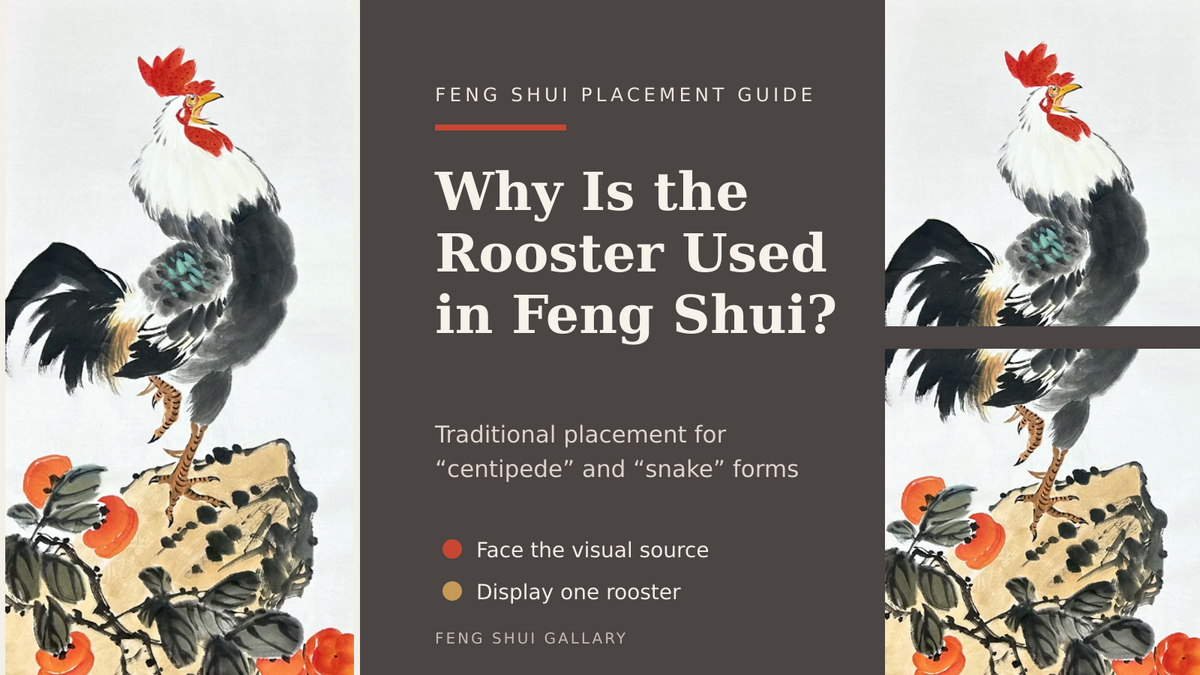 Rooster Feng Shui placement guide featuring a traditional ink painting