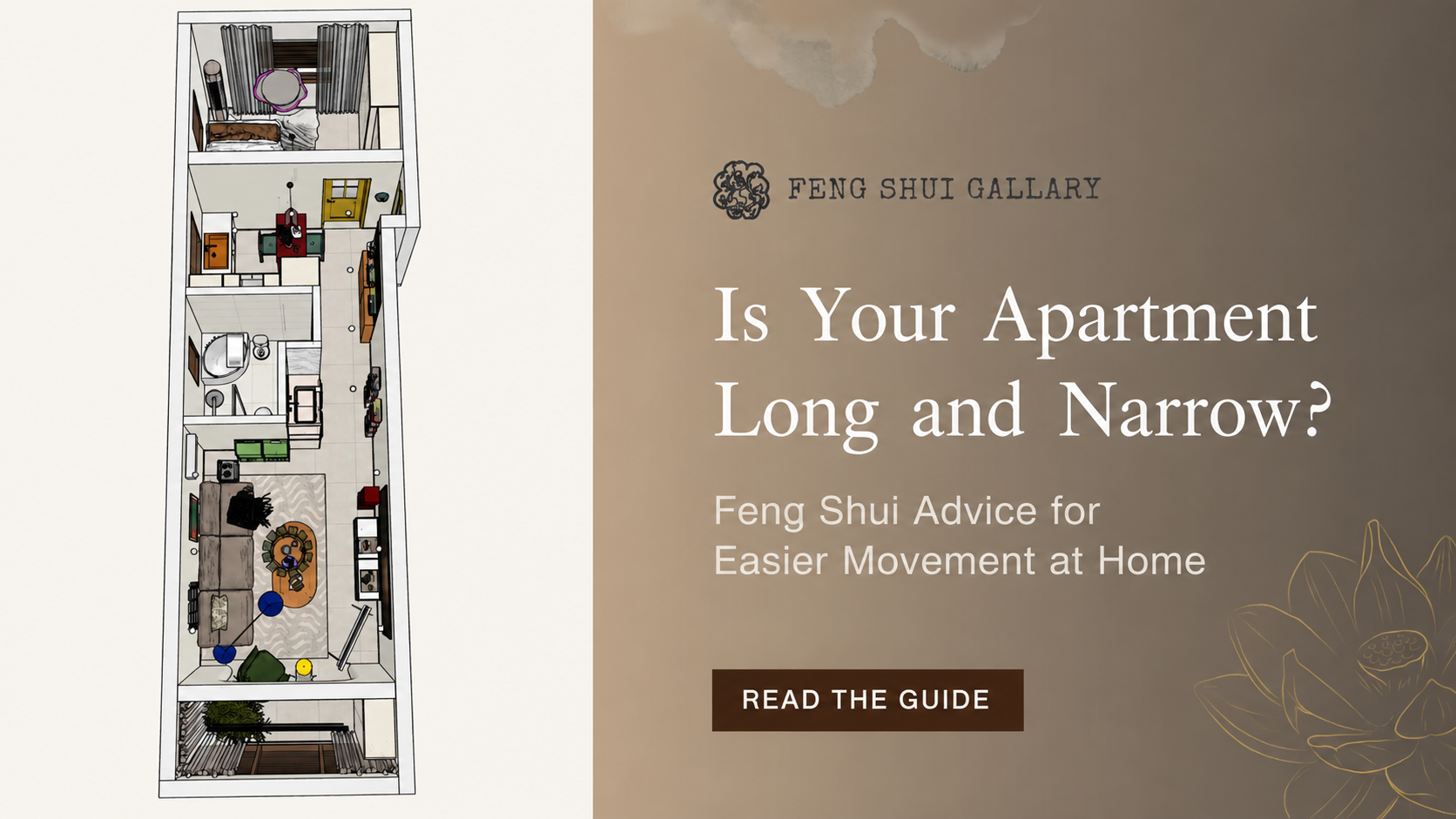 Long narrow apartment floor plan with Feng Shui circulation guide title