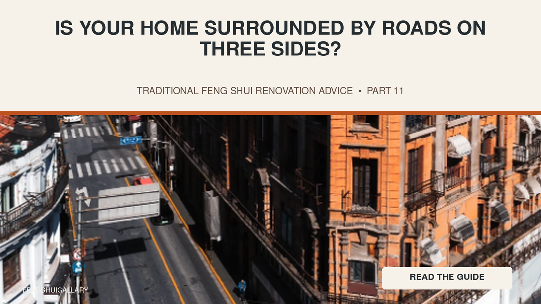 A corner building bordered by roads, illustrating Feng Shui guidance for roads on three sides
