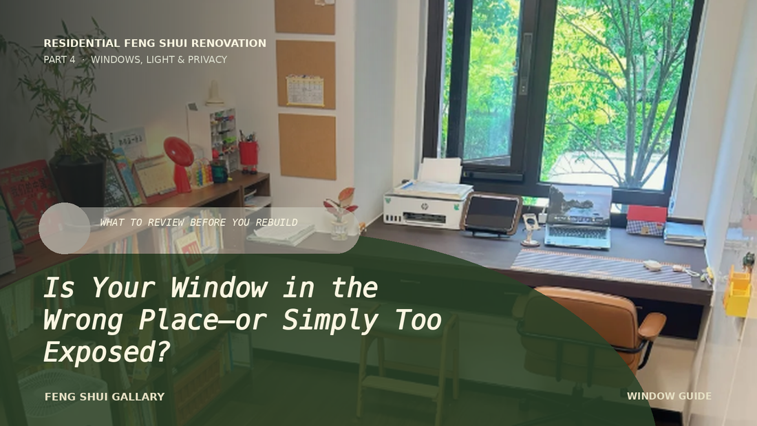 A bright study window overlooking green trees, illustrating window placement and renovation in Feng Shui