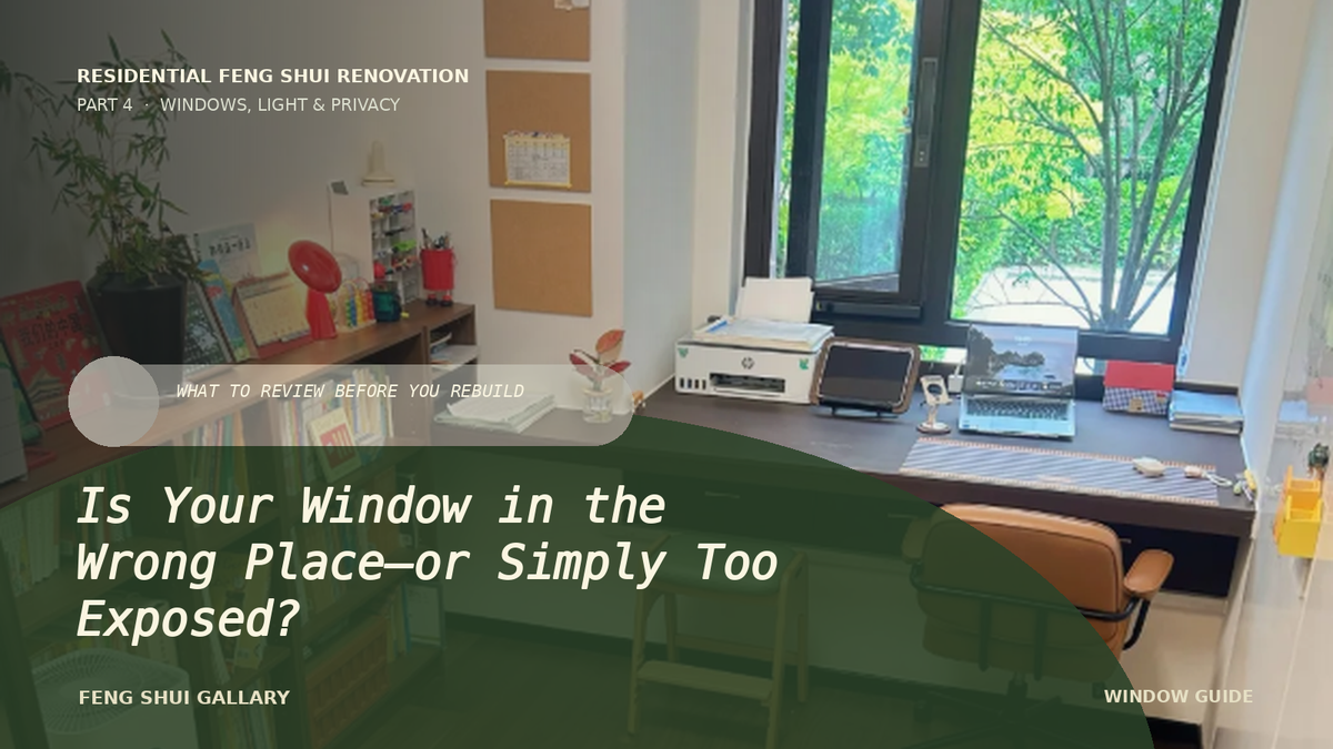 A bright study window overlooking green trees, illustrating window placement and renovation in Feng Shui