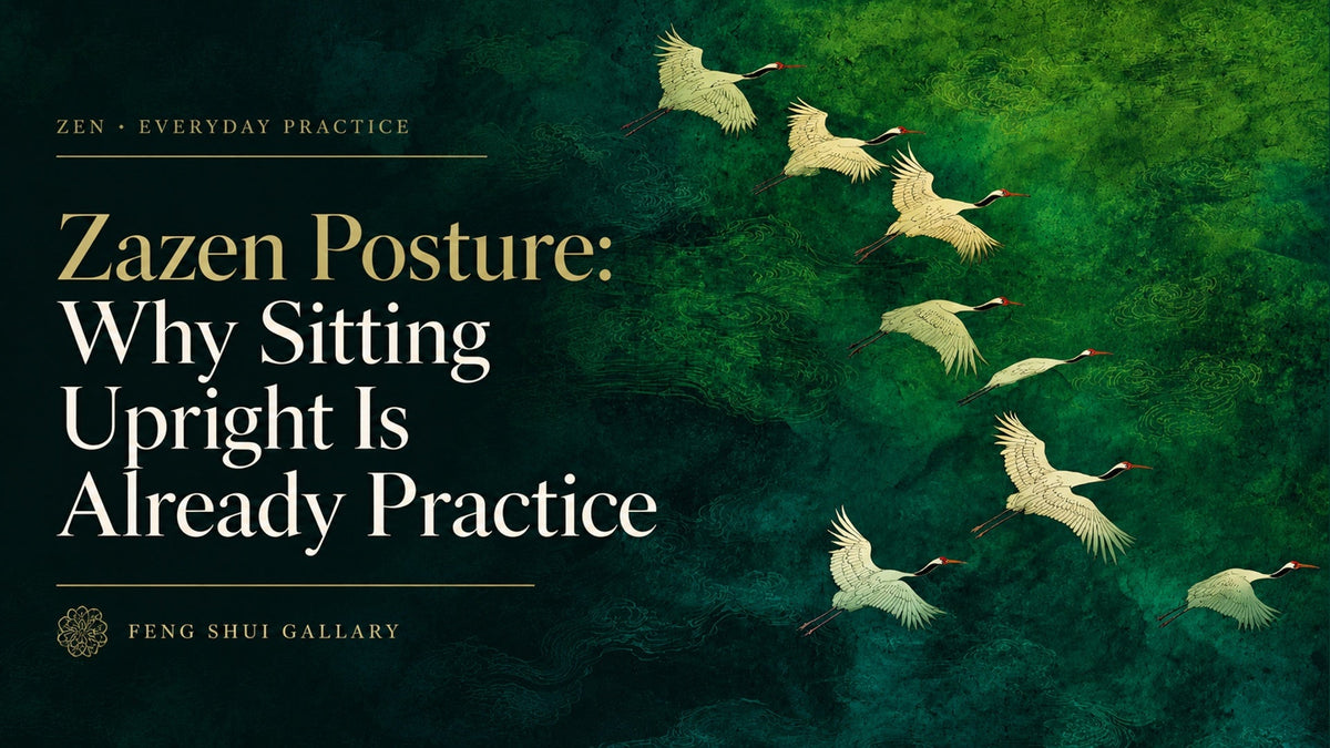 Zazen Posture: Why Sitting Upright Is Already Practice — cranes on an emerald background