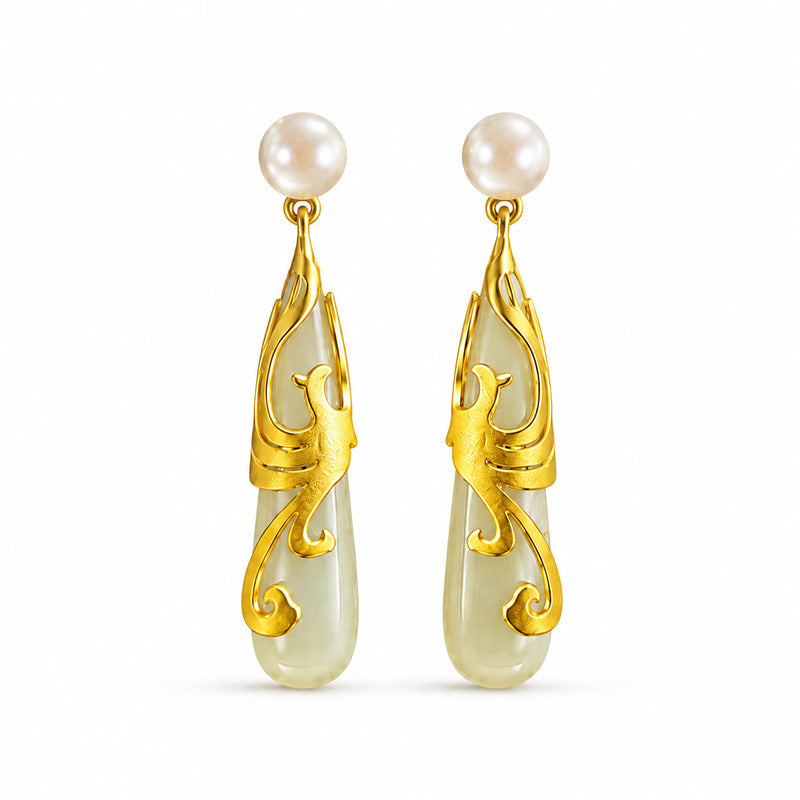 Hetian jade phoenix earrings pair on a clean white background