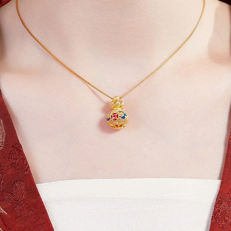 Supplier model wearing the enamel filigree gourd necklace