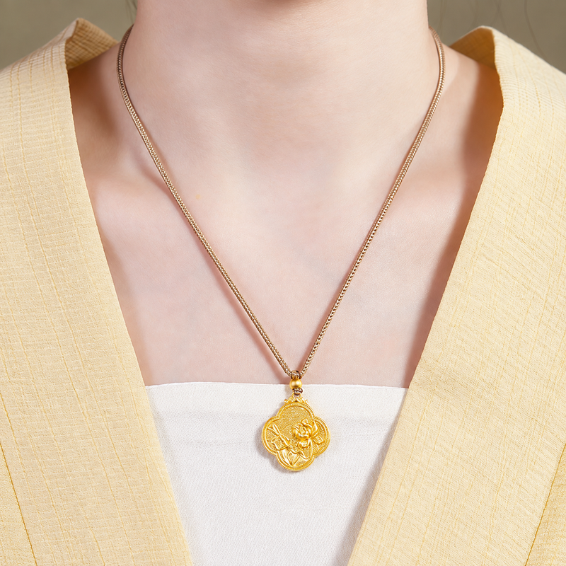 Supplier model wearing lotus and dragonfly necklace