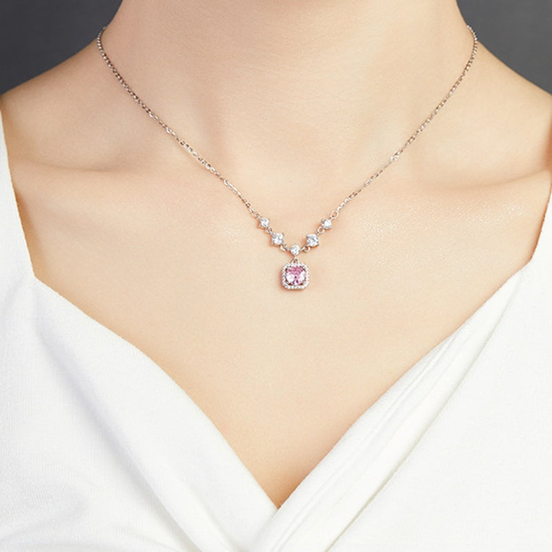 Supplier model wearing the pink halo silver necklace