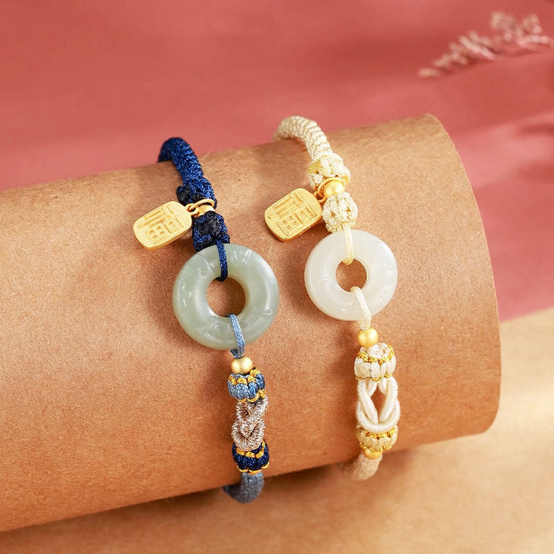 Dragon and Phoenix jade cord bracelets shown together