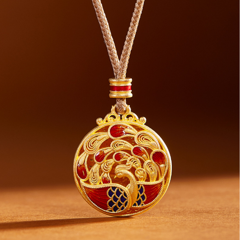 Phoenix pendant front with red and blue cold enamel
