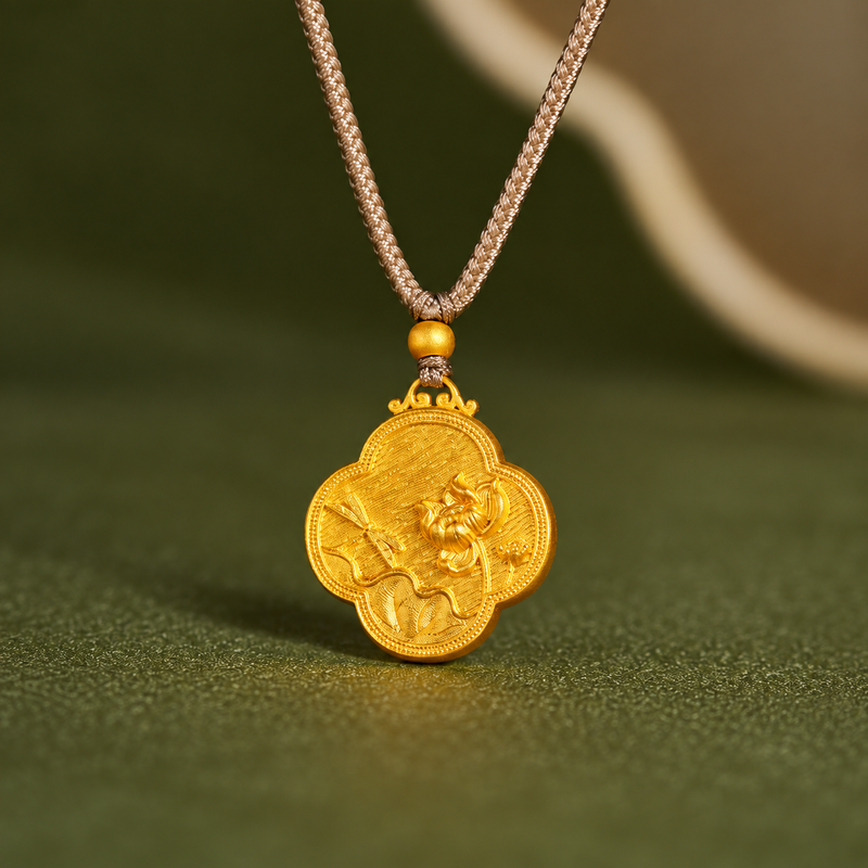 Angled front view of lotus filigree pendant
