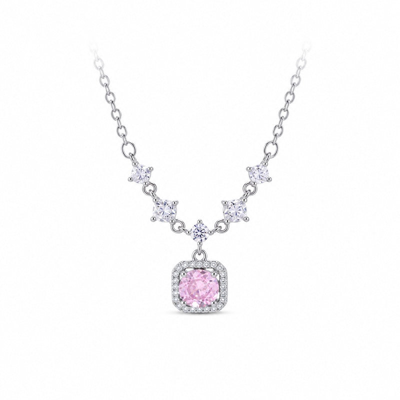 Front view of the pink halo necklace on white