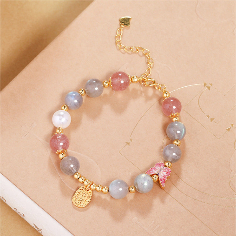 Top view of adjustable gray moonstone and strawberry quartz bracelet