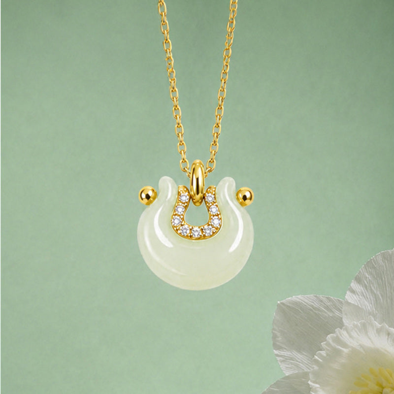 Hetian jade crescent peace lock necklace front view