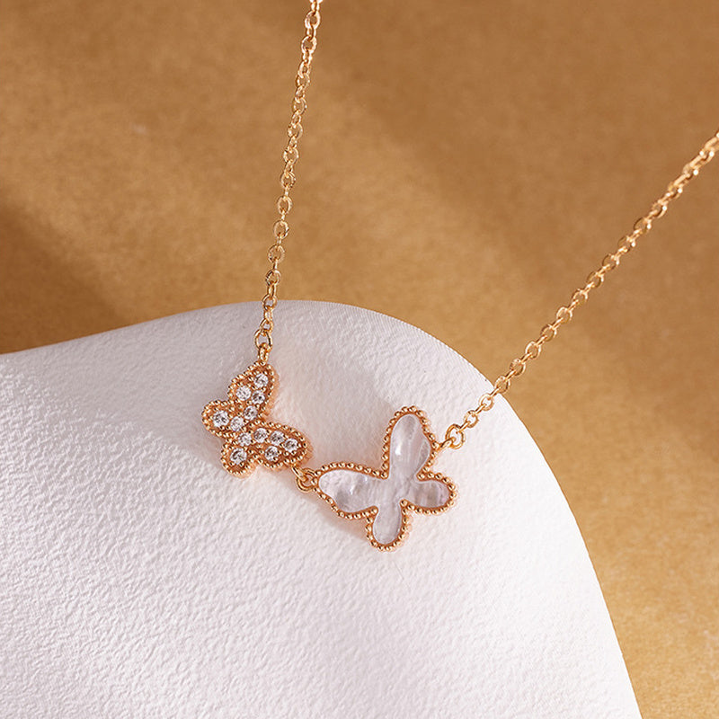 S925 silver double butterfly necklace with nacre and zirconia