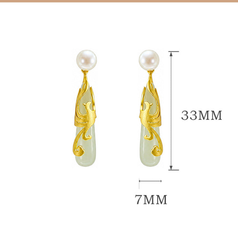 Hetian jade phoenix earrings dimensions 33 by 7 millimeters