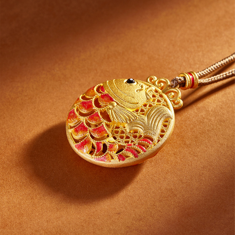 Oblique view of Koi Fish filigree and matte finish