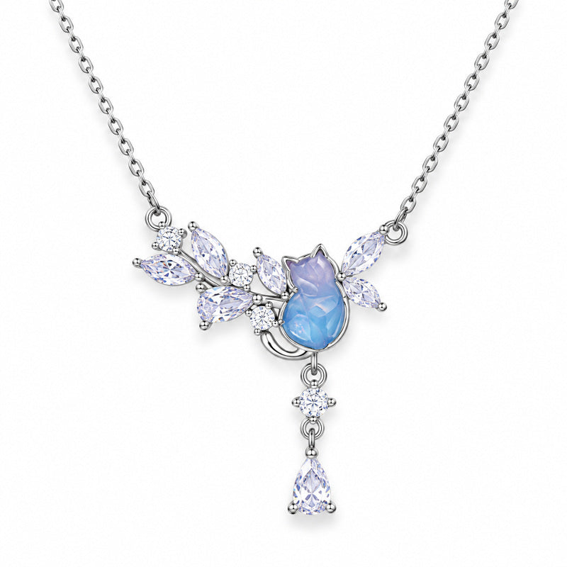 Front view of cubic zirconia cat necklace on white