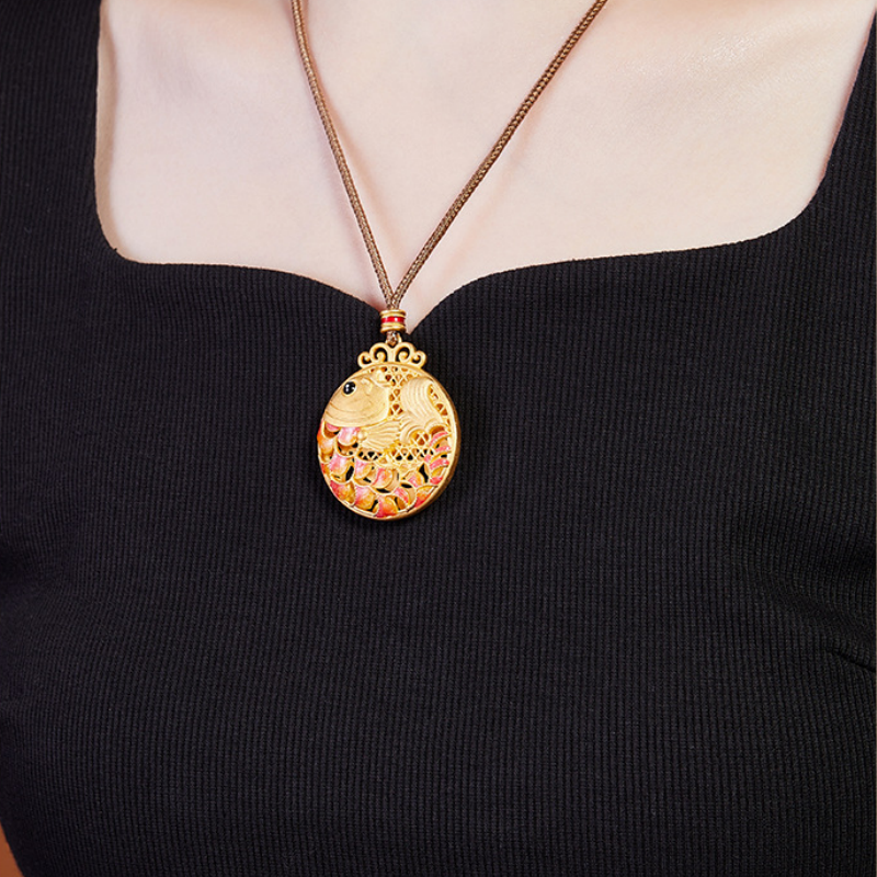 Angled supplier model view of Koi Fish necklace