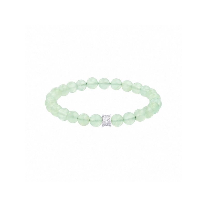 Prehnite bracelet with a silver-tone spacer on white
