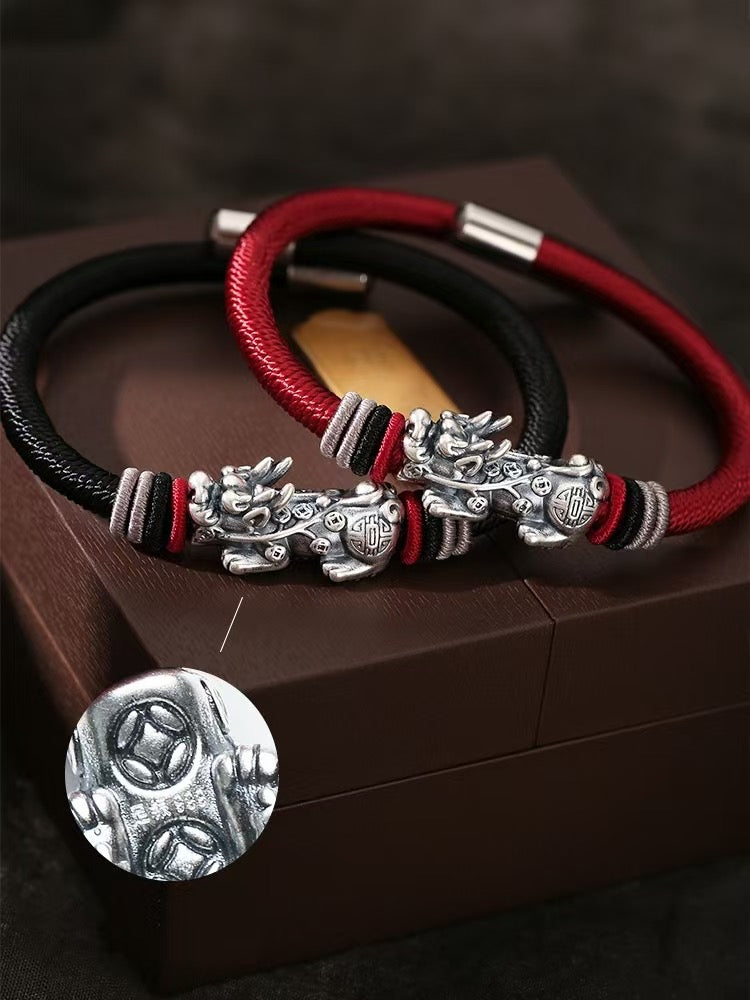 999 Silver Pixiu Handmade Rope Bracelet-Attract Luck
