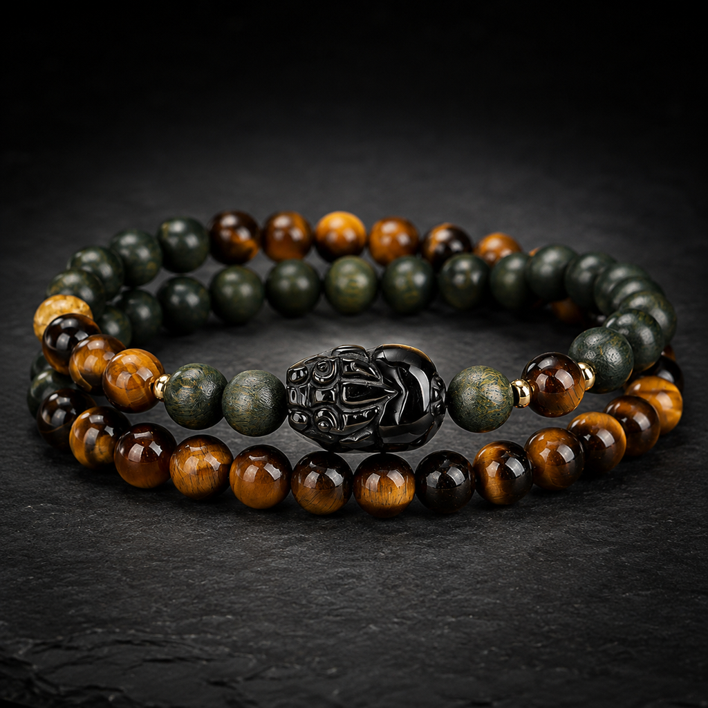 Tiger’s Eye Pixiu Double-Wrap Bracelet with Green Sandalwood