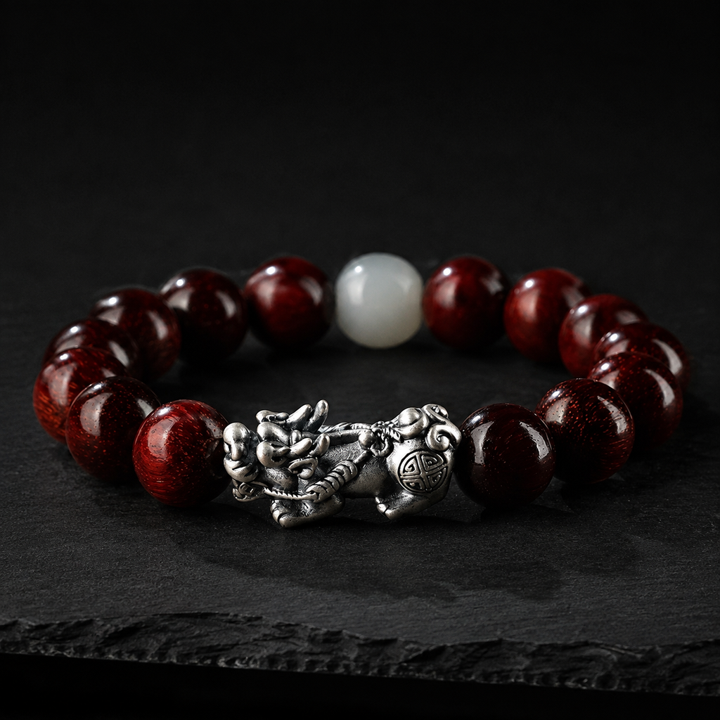 Silver Pixiu Bracelet with Rosewood & Hetian Jade-Prosperity Guardian