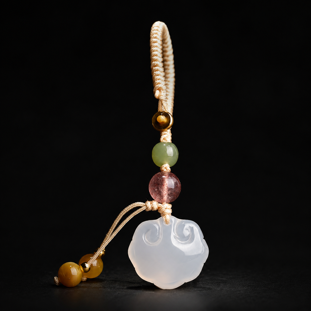 Peaceful Passage-White Jade Peace Lock Car Keychain