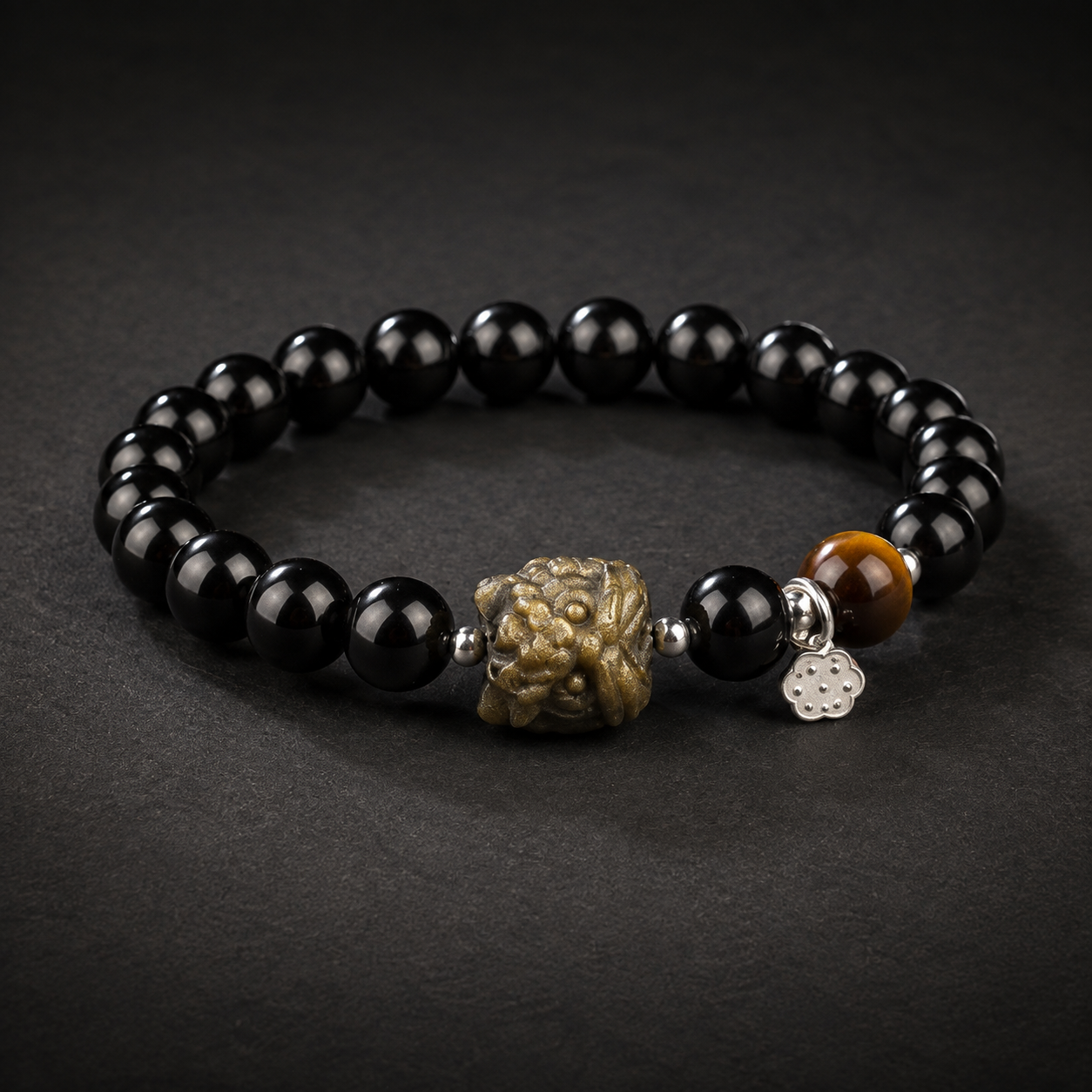 Gold Sheen Obsidian Lion Dance Head Tiger’s Eye Bracelet-Grounded Courage