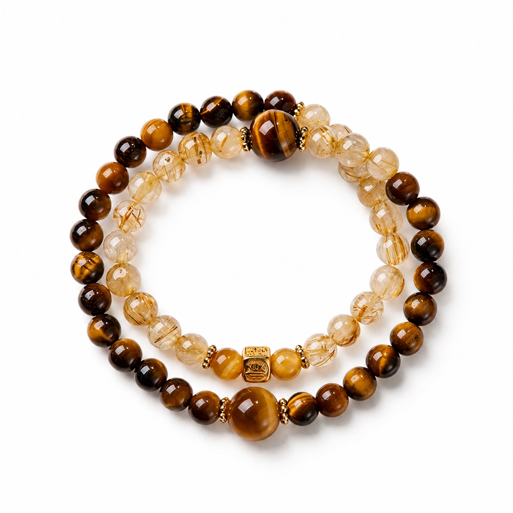 Tiger’s Eye & Golden Rutilated Quartz Double-Wrap Bracelet-Purposeful Courage