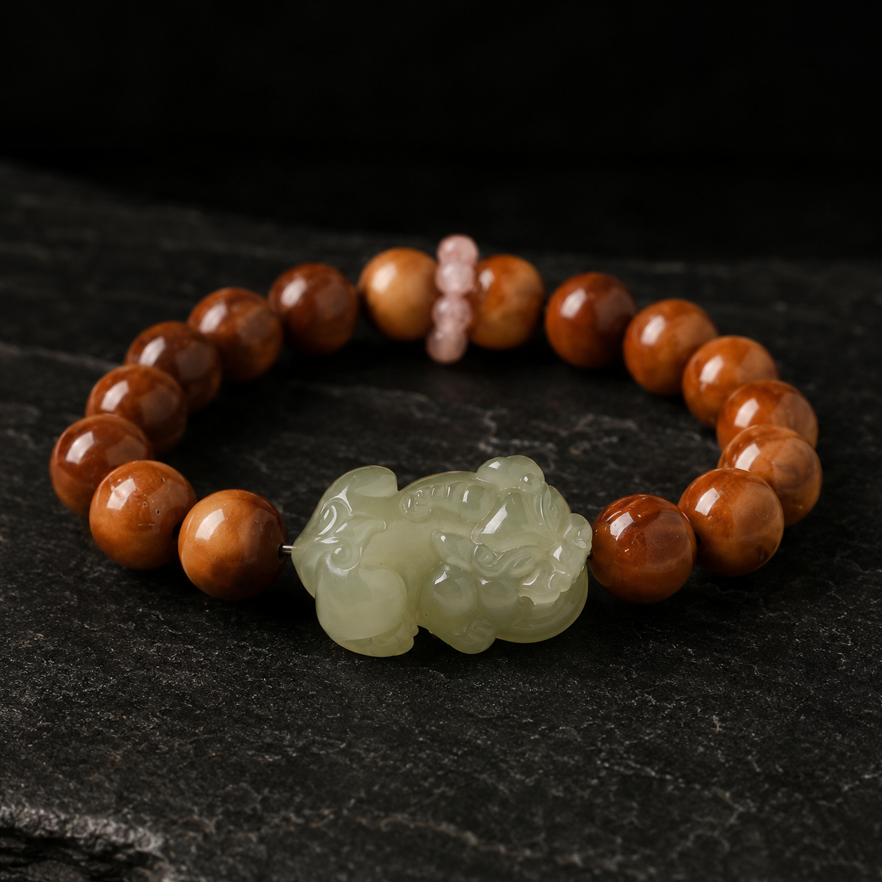 Hand-Carved Hetian Jade Pixiu Babassu Bead Bracelet-Quiet Prosperity