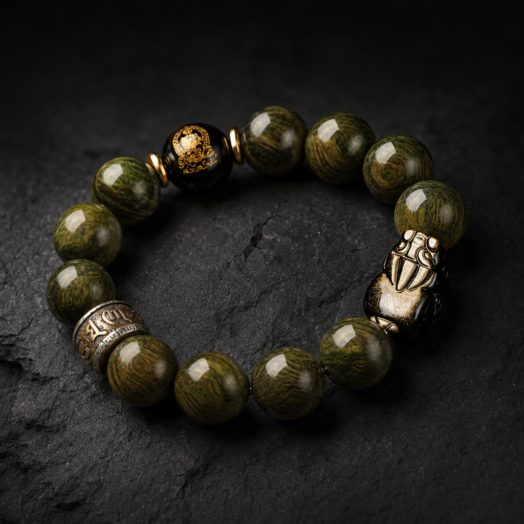Gold Sheen Obsidian Pixiu Green Sandalwood Bracelet-Grounded Prosperity