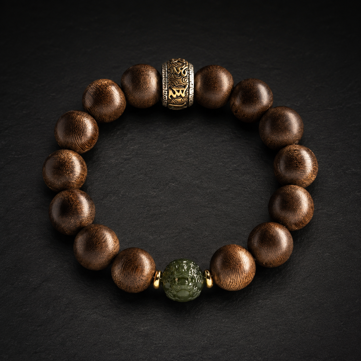 Agarwood Bracelet with Hetian Jade Pixiu & Mantra Bead-Steady Fortune